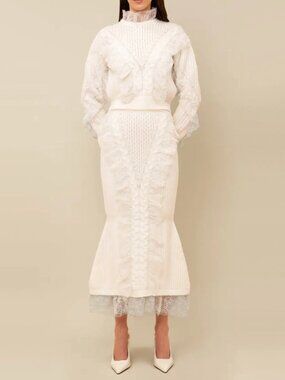 NWT Contessa Mills "Wildes" Lace-Trimmed Wool Knit Skirt in Ivory, size Small